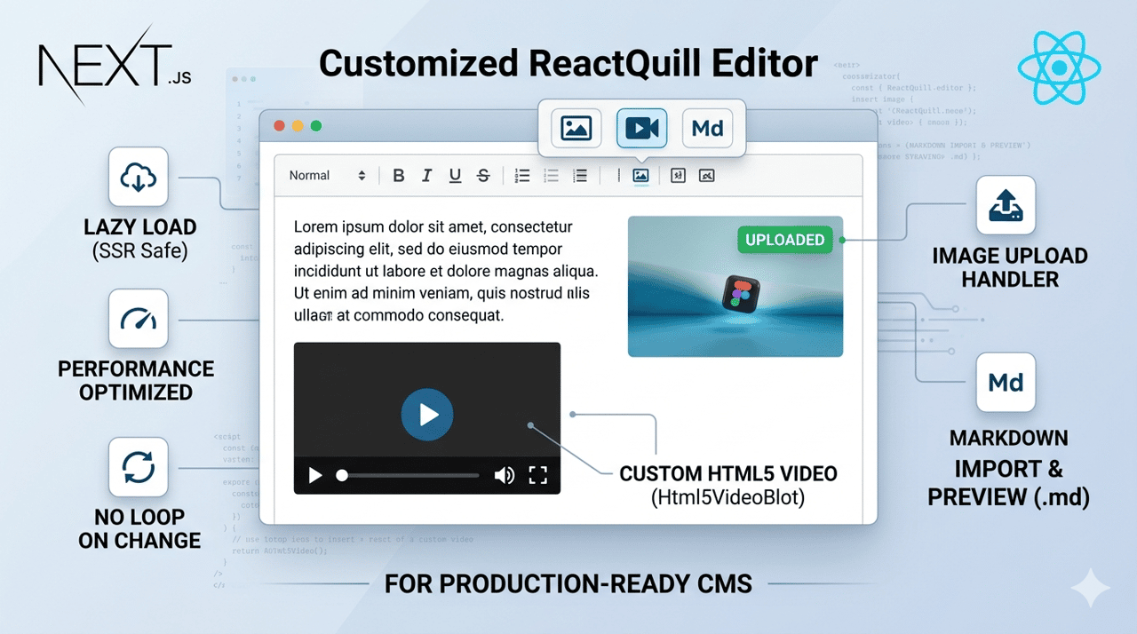 富文本编辑器深度定制：ReactQuill 懒加载 + Markdown 导入 + 自定义视频嵌入