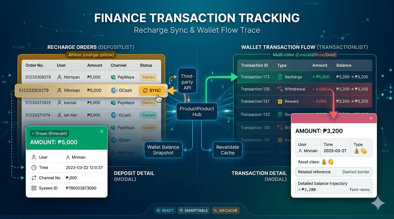 admin-next 充值同步与交易流水追踪——DepositList / TransactionList 详情弹窗体系