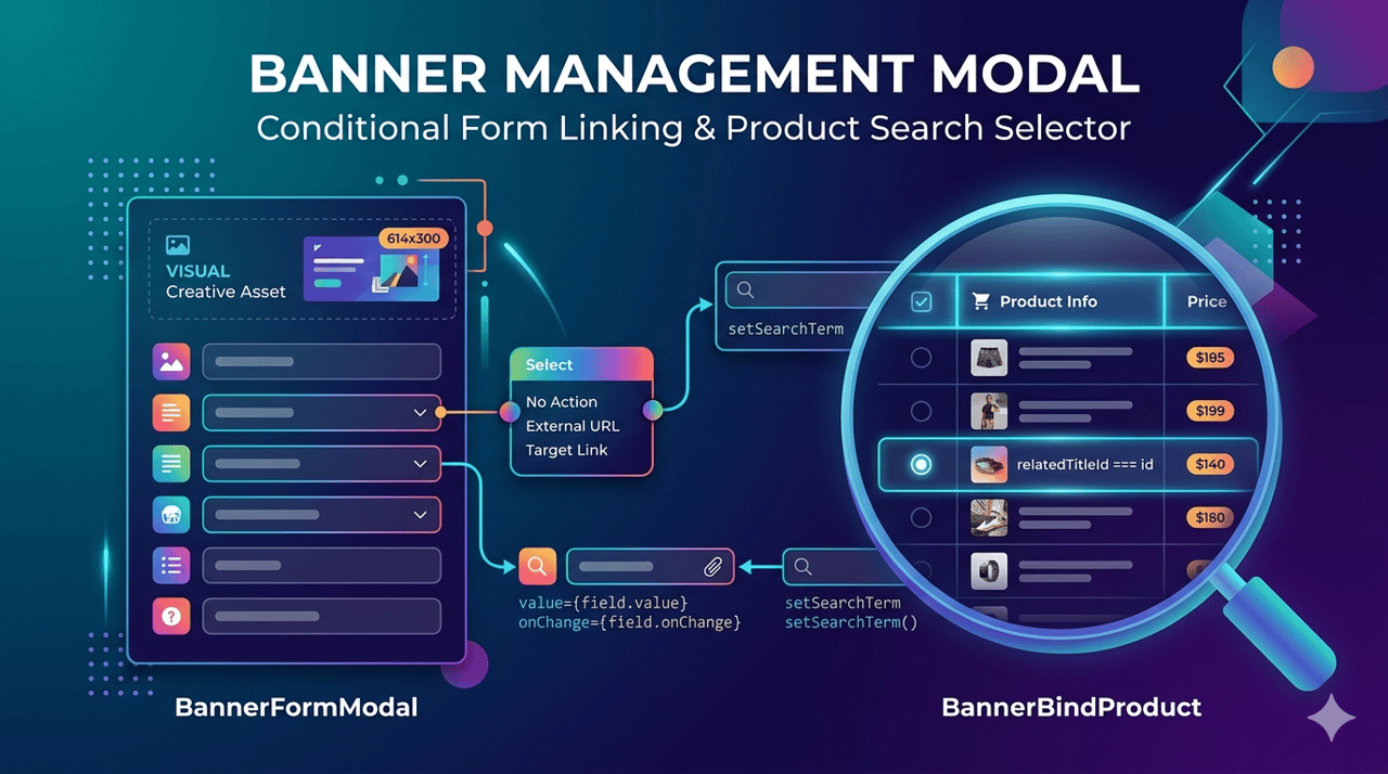 admin-next Banner 管理——BannerFormModal 表单智能跳转 + BannerBindProduct 产品选择器