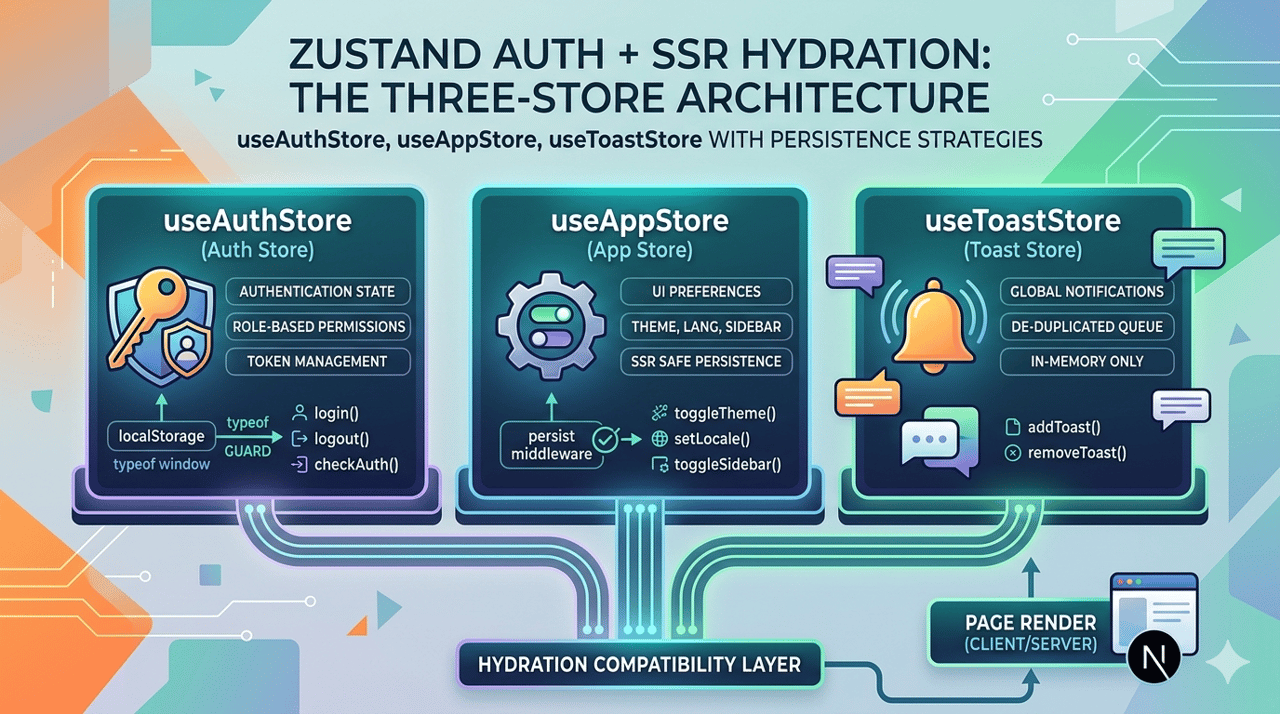 Zustand 认证存储 + SSR Hydration — 管理后台三 Store 架构