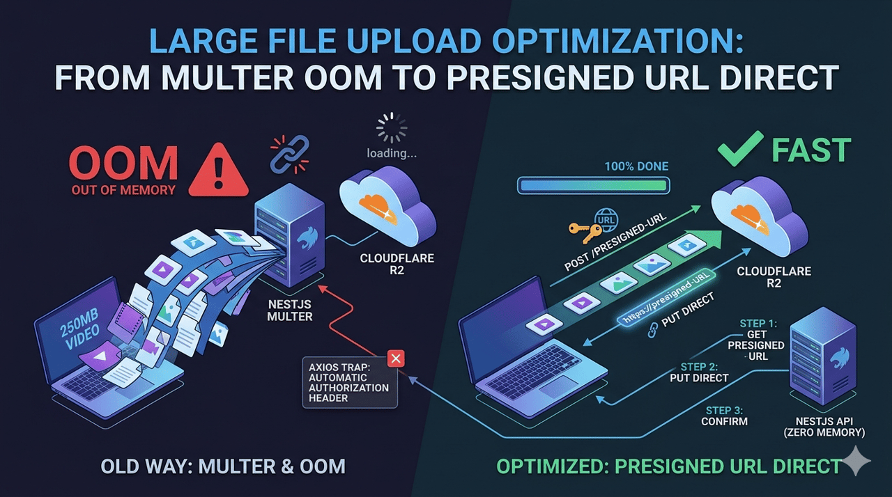 管理后台大文件上传优化：从 Multer OOM 到预签名 URL 直传的踩坑实录