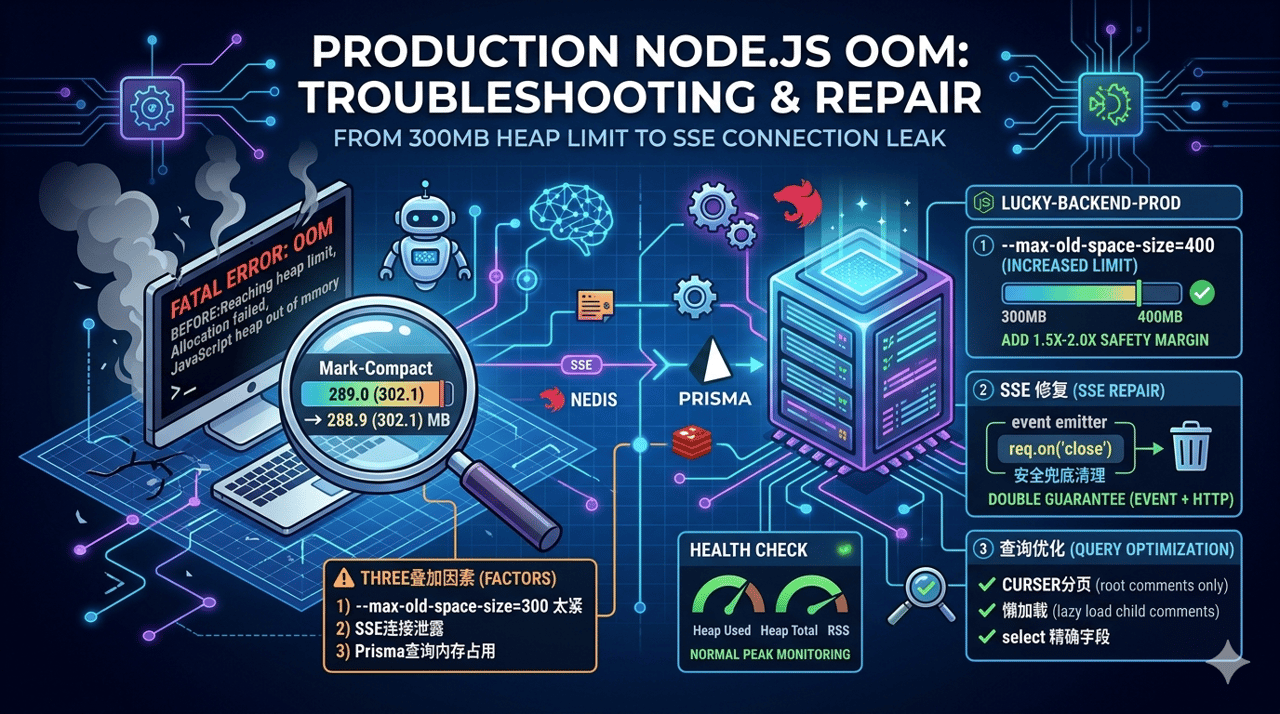 生产环境 Node.js OOM 排查与修复：从 300MB 上限到 SSE 泄漏的完整实录