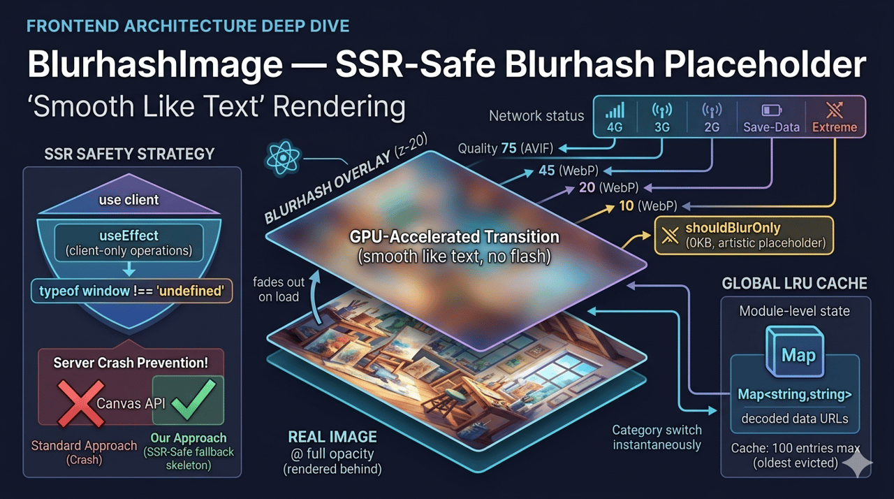BlurhashImage — SSR 安全的 BlurHash 占位符组件与"像文字一样平滑"的渲染策略