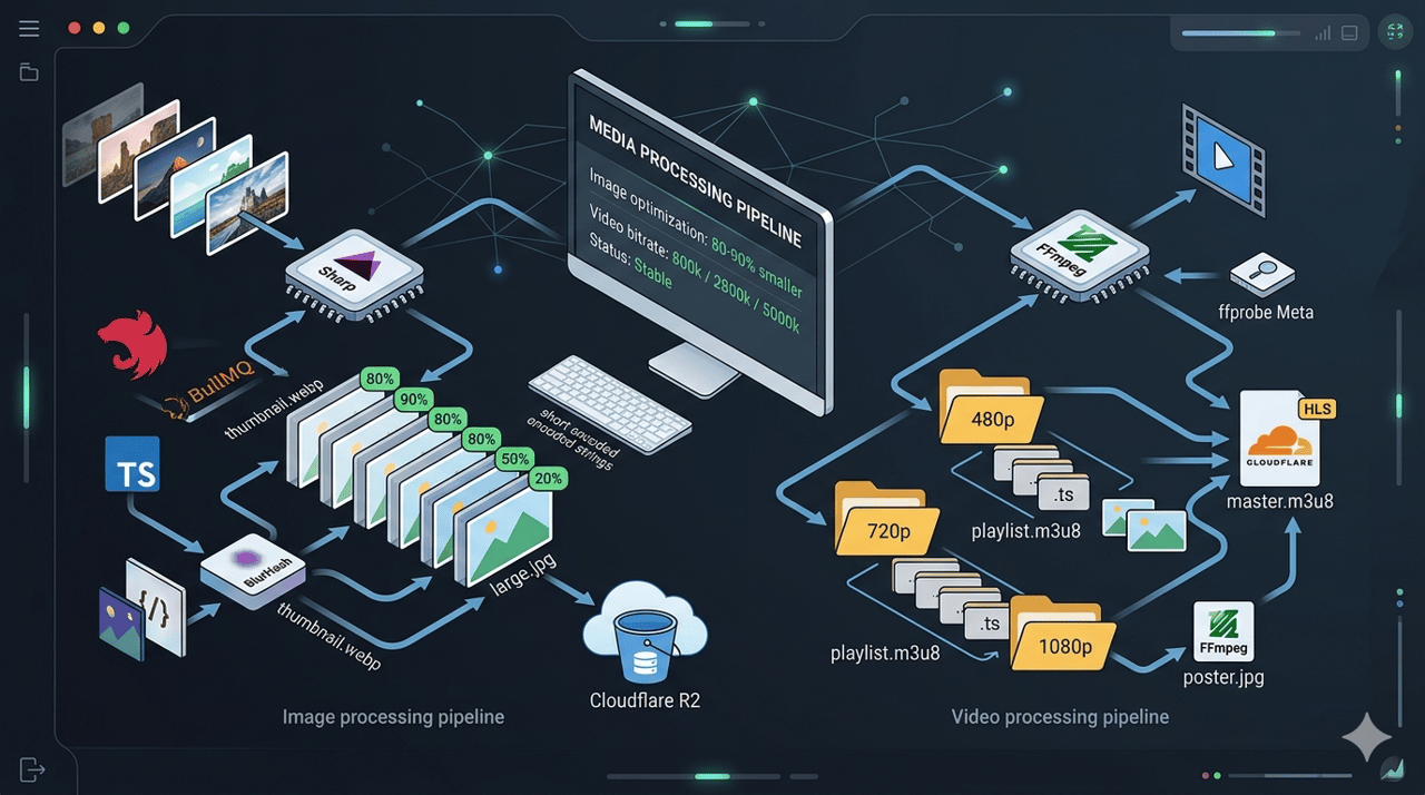 Media Processing Pipeline: Sharp 图像压缩 + FFmpeg HLS 视频转码