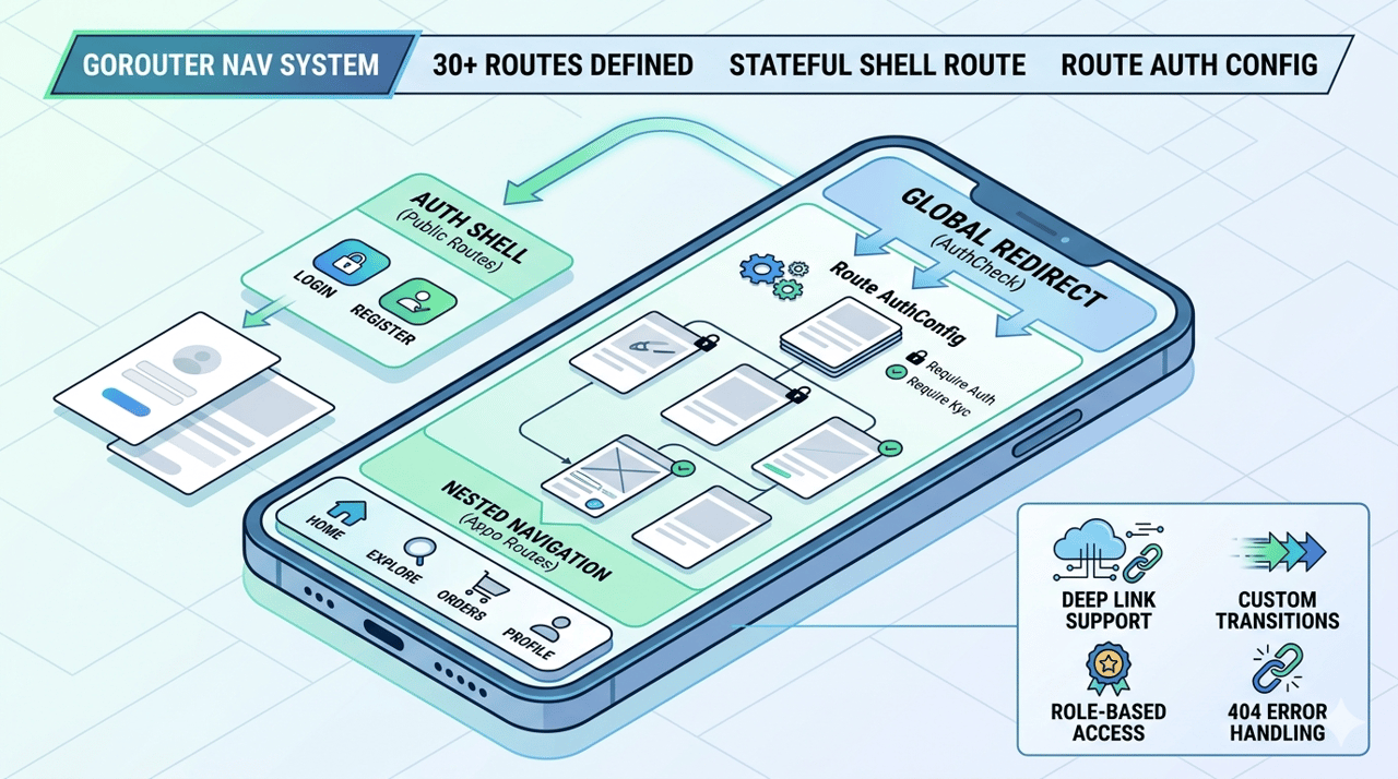 GoRouter 路由系统: 30+ 路由、ShellRoute 与 RouteAuthConfig