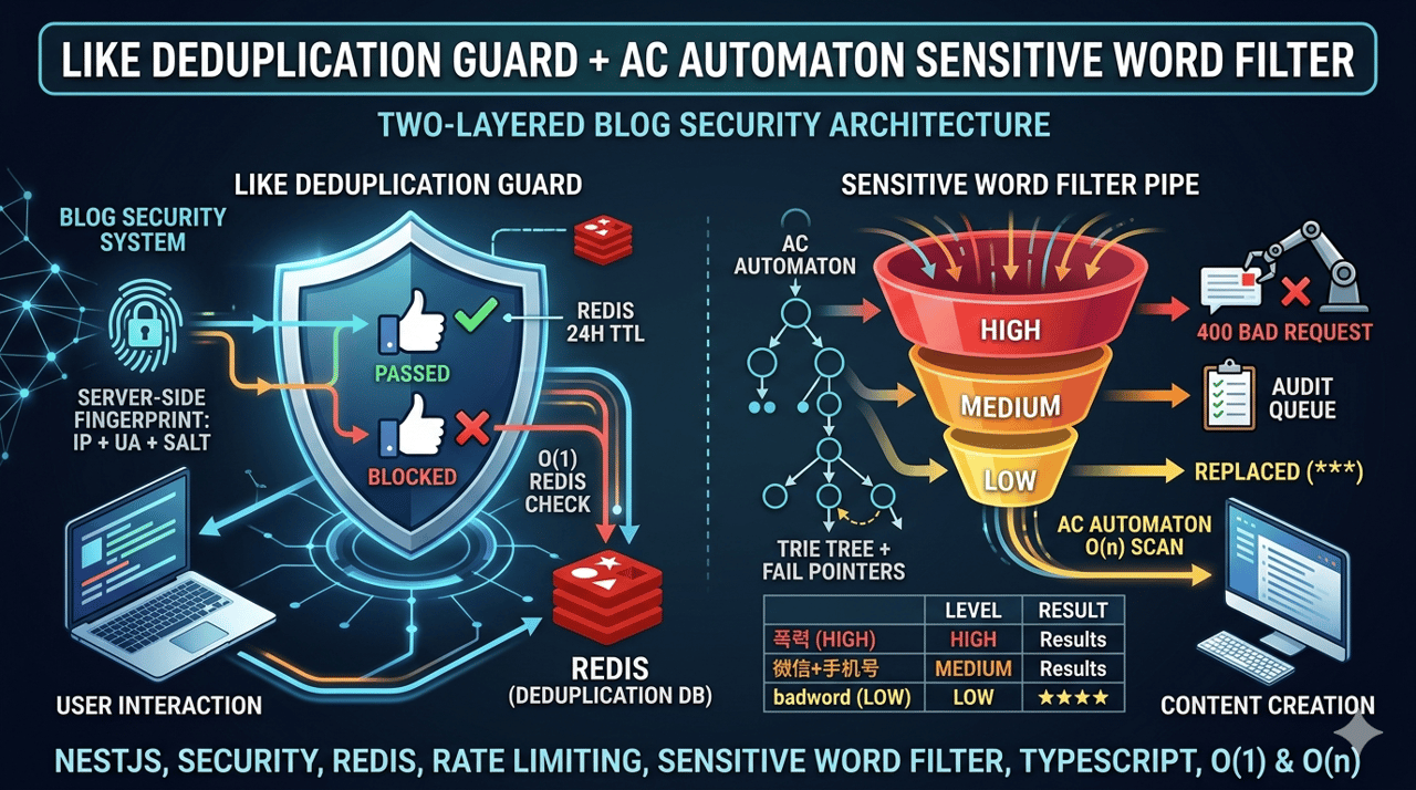 Blog Security System: Like Deduplication Guard + AC Automaton Sensitive Word Filtering