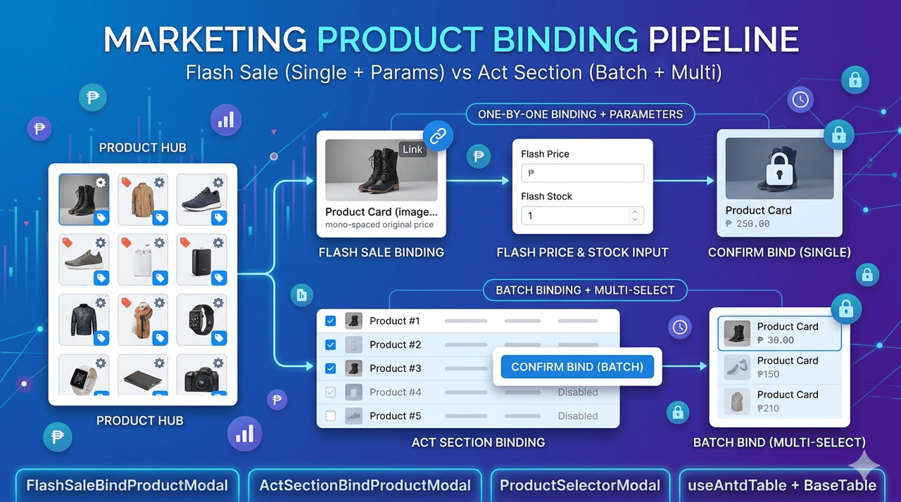 admin-next 限时抢单与活动专区绑定——FlashSaleBindProductModal + ActSectionBindProductModal + ProductSelectorModal